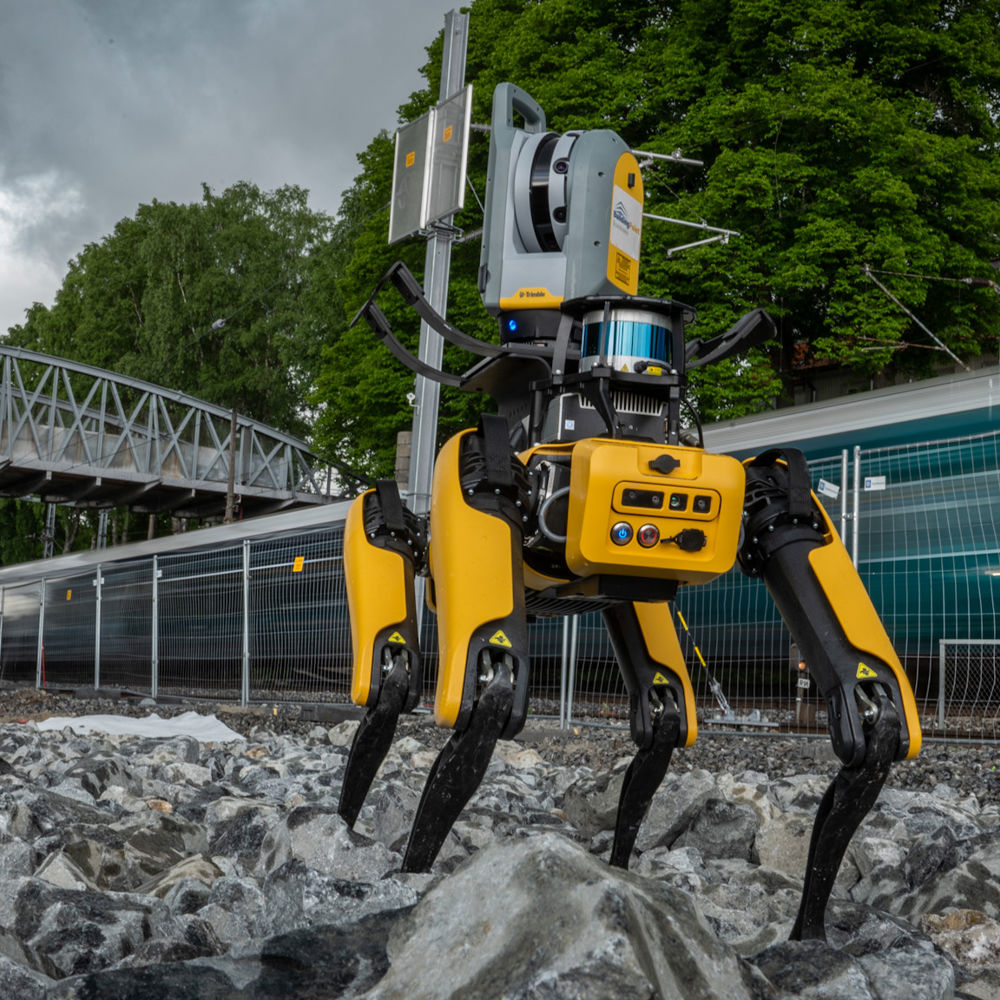 Robothunden Spot i tunnel foran mennesker. Foto: Tomas Jakobsen, BuildingPoint Scandinavia